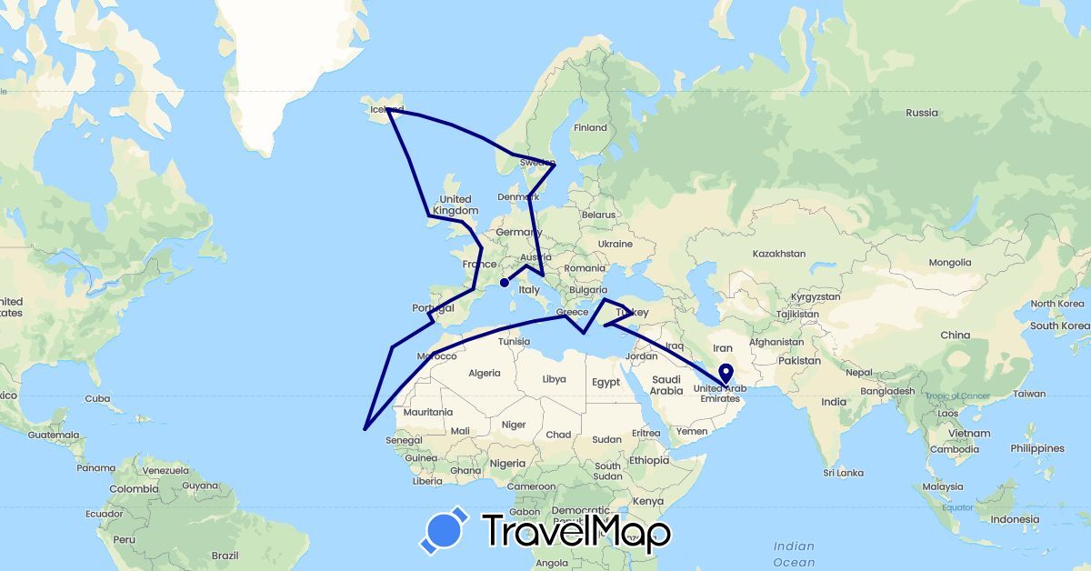 TravelMap itinerary: driving in United Arab Emirates, Cape Verde, Denmark, France, United Kingdom, Greece, Croatia, Ireland, Iceland, Italy, Morocco, Norway, Portugal, Sweden, Turkey (Africa, Asia, Europe)
